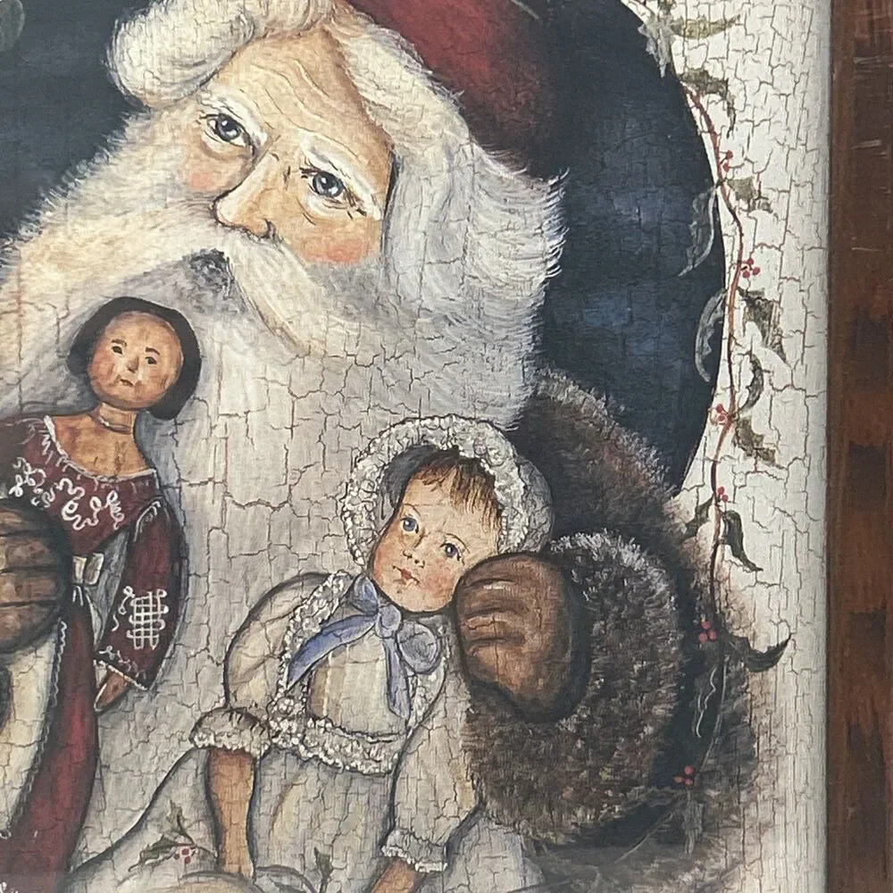 Vintage Norma Schneeman Folk Art Print Framed & Under Glass 1987 Santa Christmas